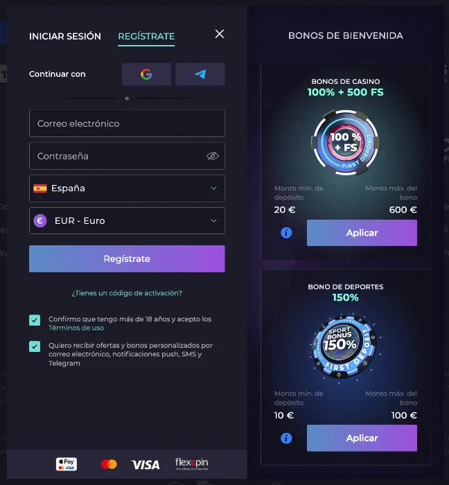 Formulario de registro e inicio de sesión en Izzi Casino